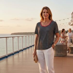 St John Black and White Striped Women's Top With Red Trim